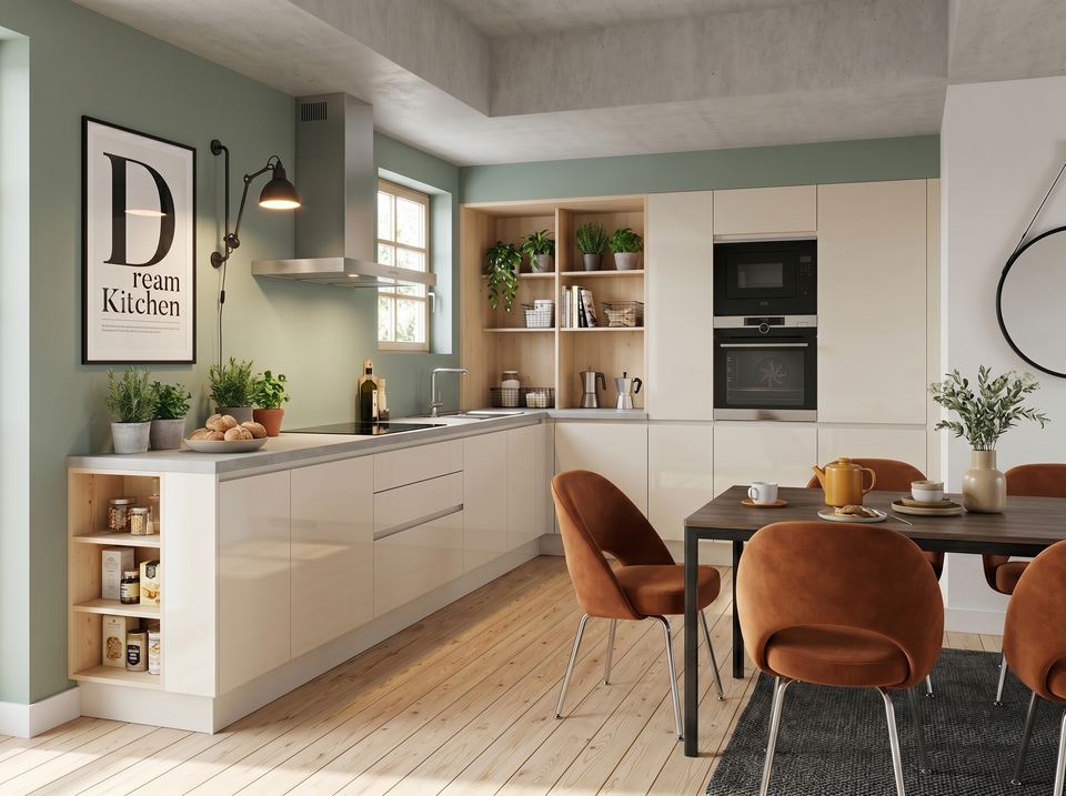 Moderne L-Küche in hellem Hochglanz mit offenen Holzregalen, Backofen im Hochschrank und Essplatz